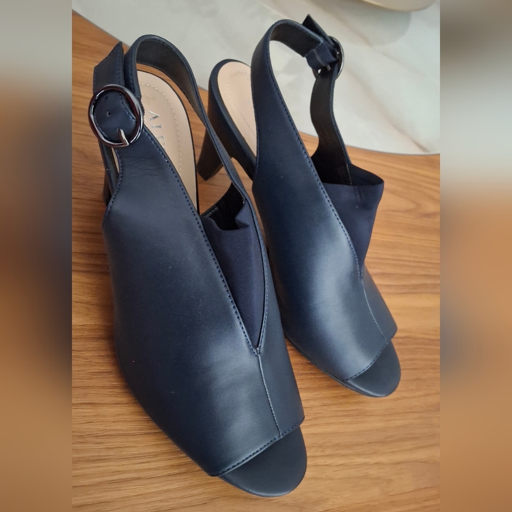 Alfani Blue Navy Leather Peep Toe Ankle Strap Sandals